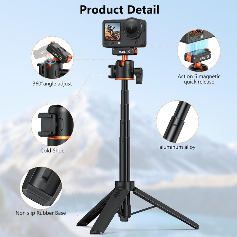 VRIG Action Camera Selfie Stick Tripod for DJI Osmo Nano/Action 6, Dual-Direction Magnetic Quick Release Adapter 360° Ball Head & Cold Shoe Mount, 8 to 21 inches Extendable Rod, AC-40N - Image 2